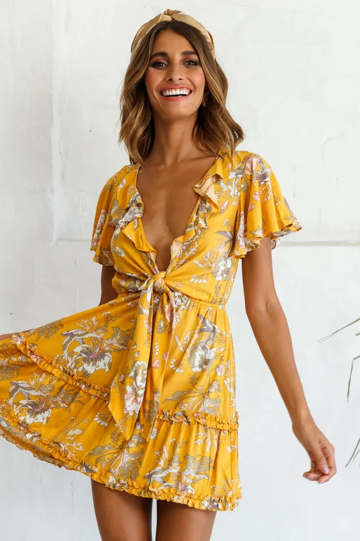 Sunny Daze Angel Sleeve Tie-Knot Bust Floral Print Dress Mustard