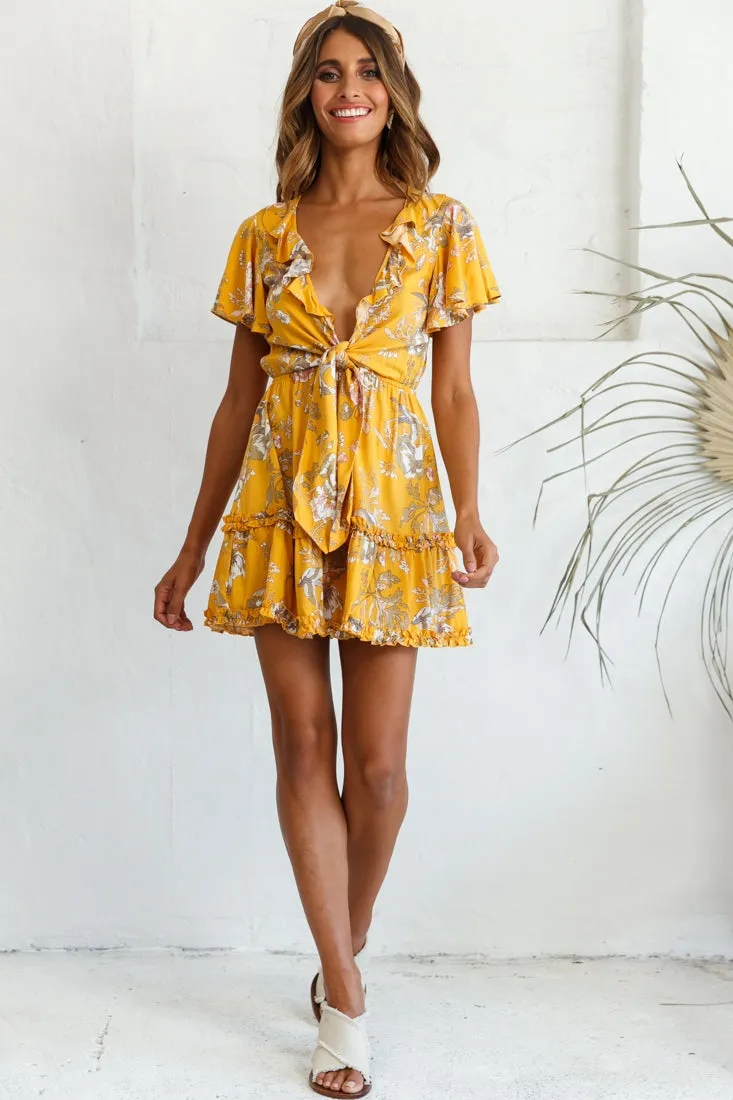 Sunny Daze Angel Sleeve Tie-Knot Bust Floral Print Dress Mustard