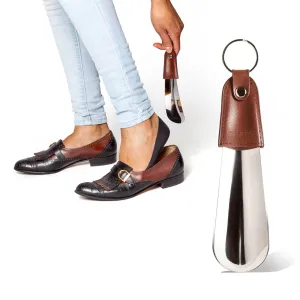 Travel Size Metal Shoe Horn Brown with Faux Leather Handle & Keychain Ring - 6.5"- 3 Count