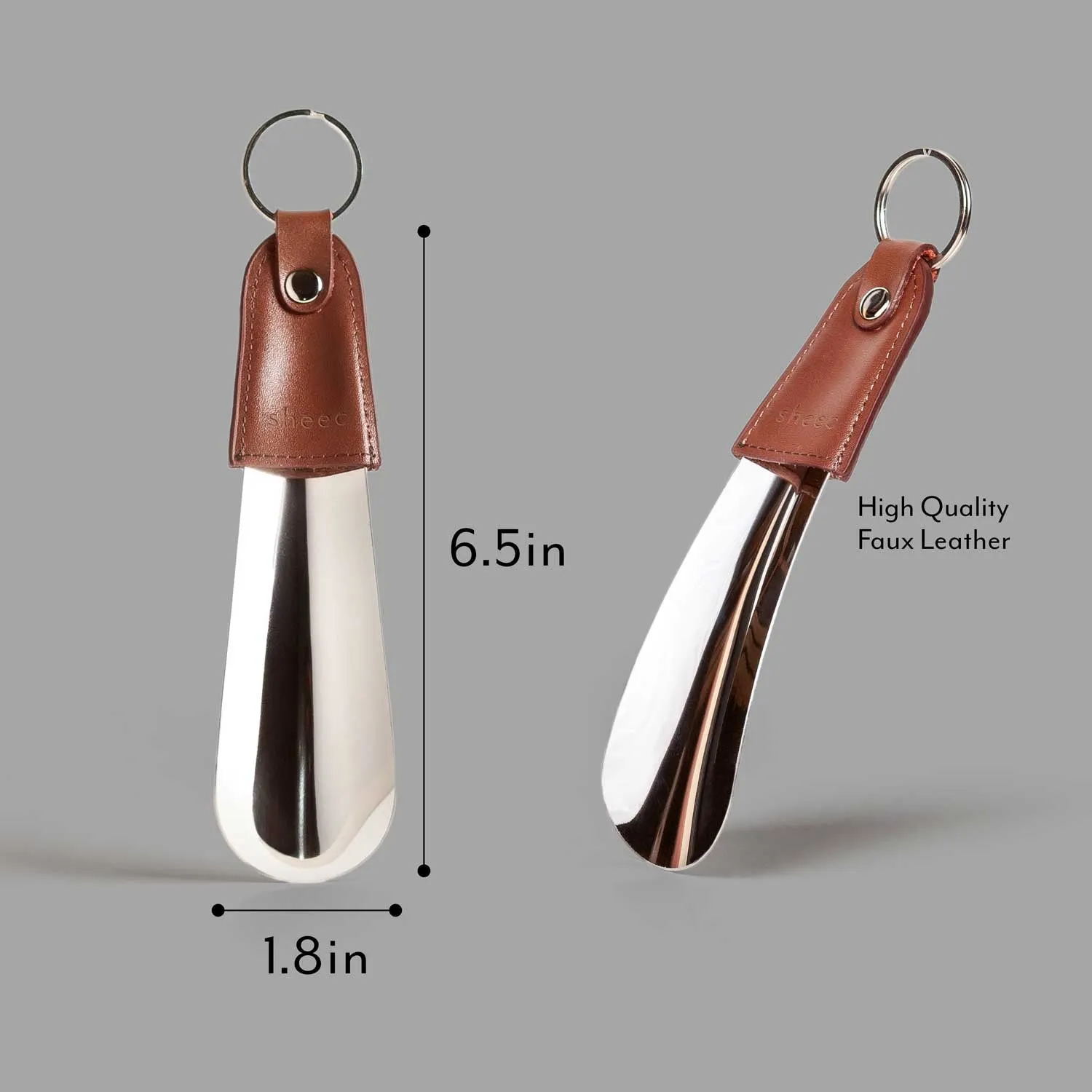 Travel Size Metal Shoe Horn Brown with Faux Leather Handle & Keychain Ring - 6.5"- 3 Count