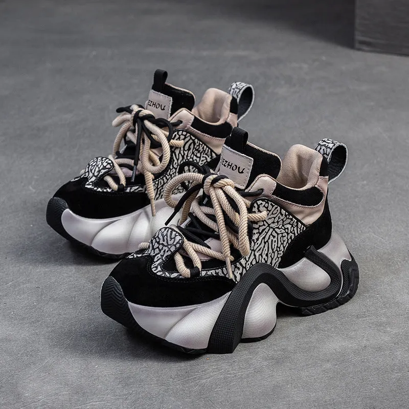 Women Fashion Color Matching Leather Platform Sneakers