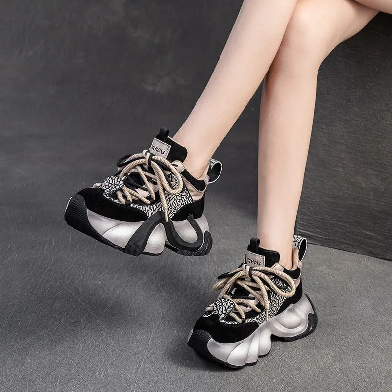 Women Fashion Color Matching Leather Platform Sneakers