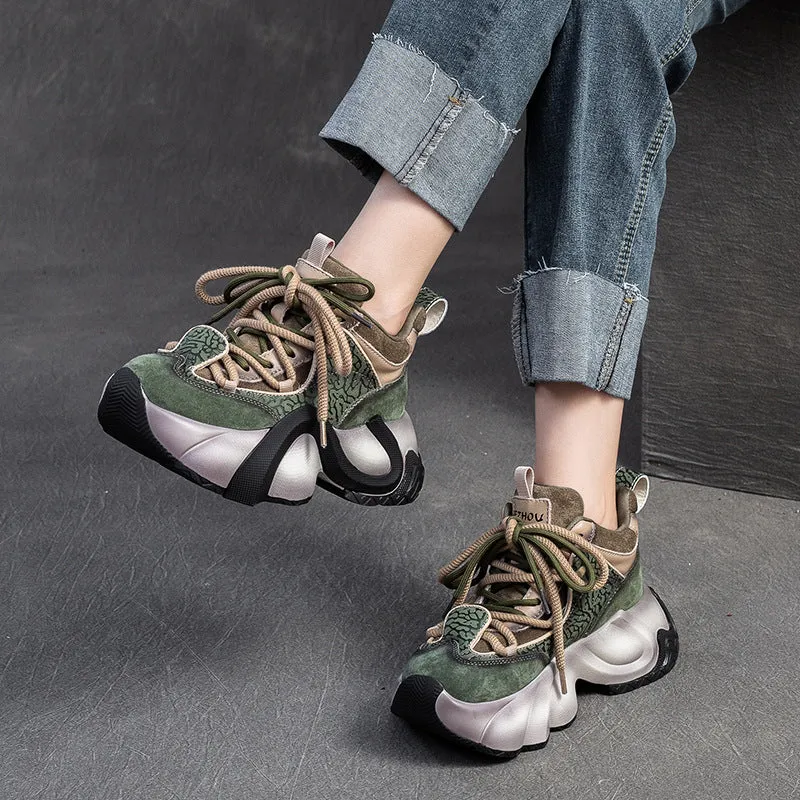 Women Fashion Color Matching Leather Platform Sneakers