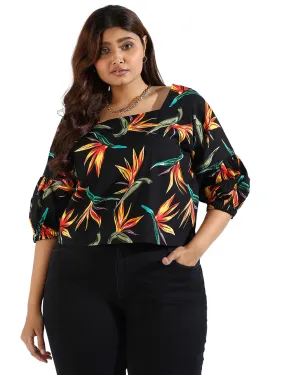 Women Tropical Design Casual Top | Black