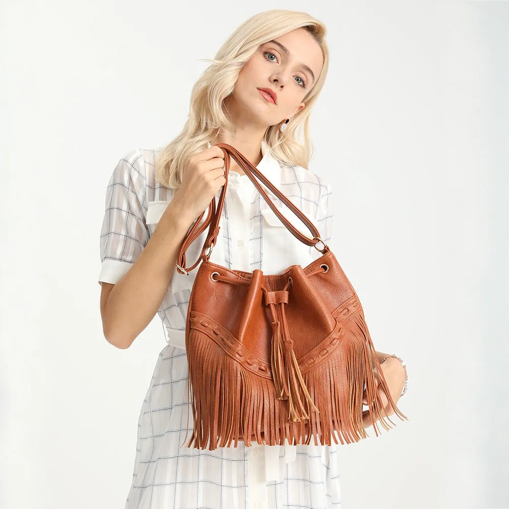 Women's Bag Casual Drawstring Factory Handmade Tassel Bucket Bag PU Tassel Women's Messenger Bag