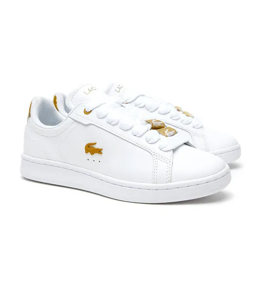 Women's Lacoste Carnaby Pro Leather Metallic Detailing Trainers White/Gold