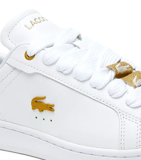 Women's Lacoste Carnaby Pro Leather Metallic Detailing Trainers White/Gold