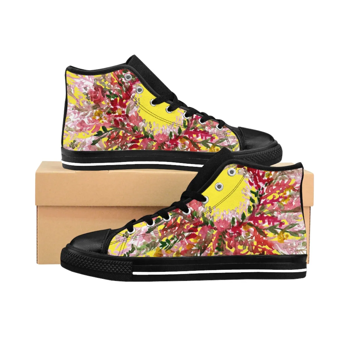 Yellow Floral Men's High Tops, Best Red Fall Men's High-top Sneakers Running Tennis Shoes